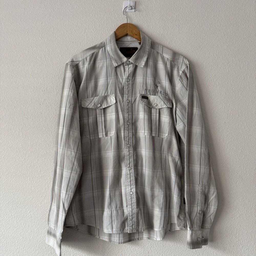 Howler Bros Vermejo Embroidered Snap Button Shirt Mens M Gray Plaid Vented Back